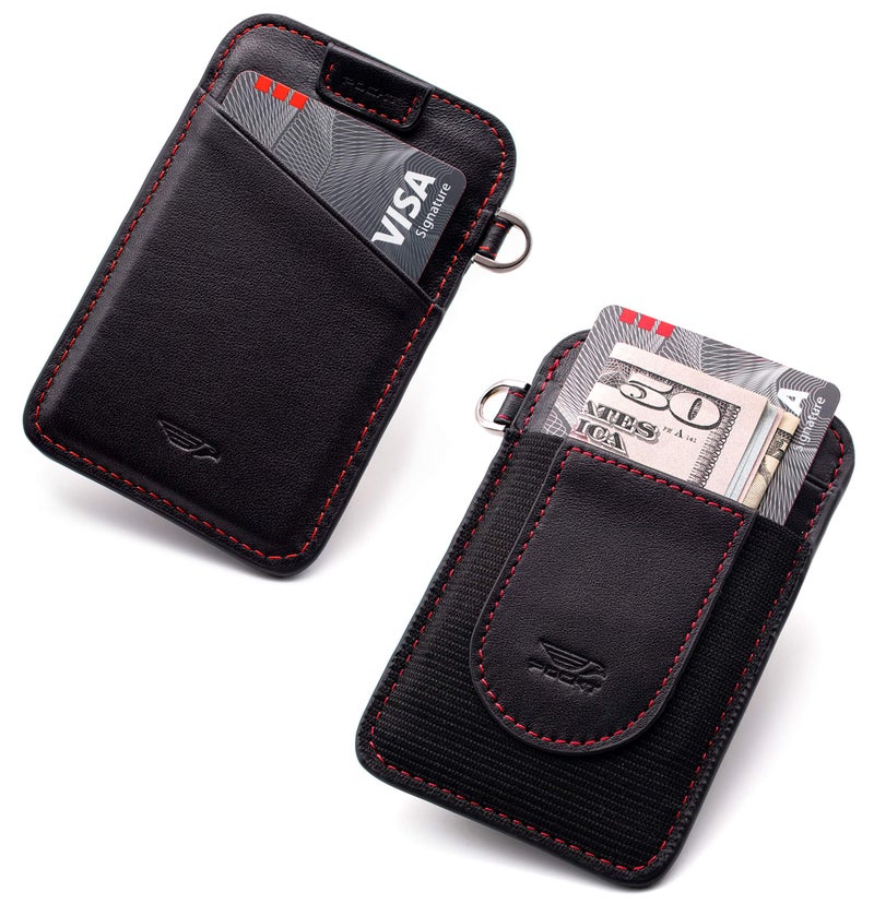 POCKT Card Holder Wallet For Men and Women - Slim Minimalist Front Pocket Wallet Elastic Credit Card Holder Genuine Leather RFID Blocking Card Case Wallets | Black Red - Image 3